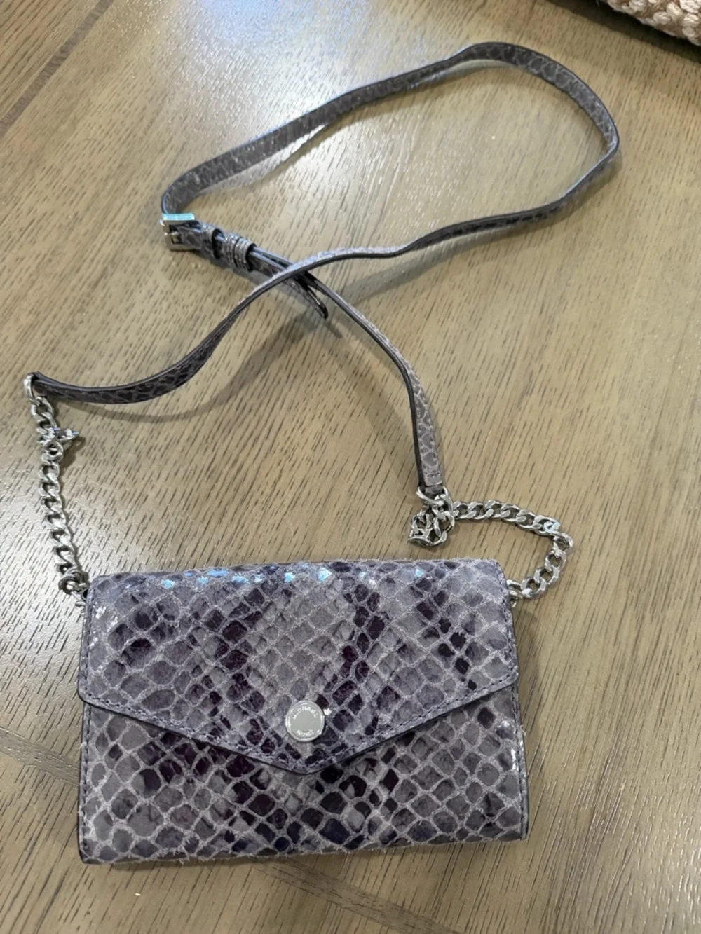 Michael Kors Snake-Embossed Crossbody in Taupe and Silver